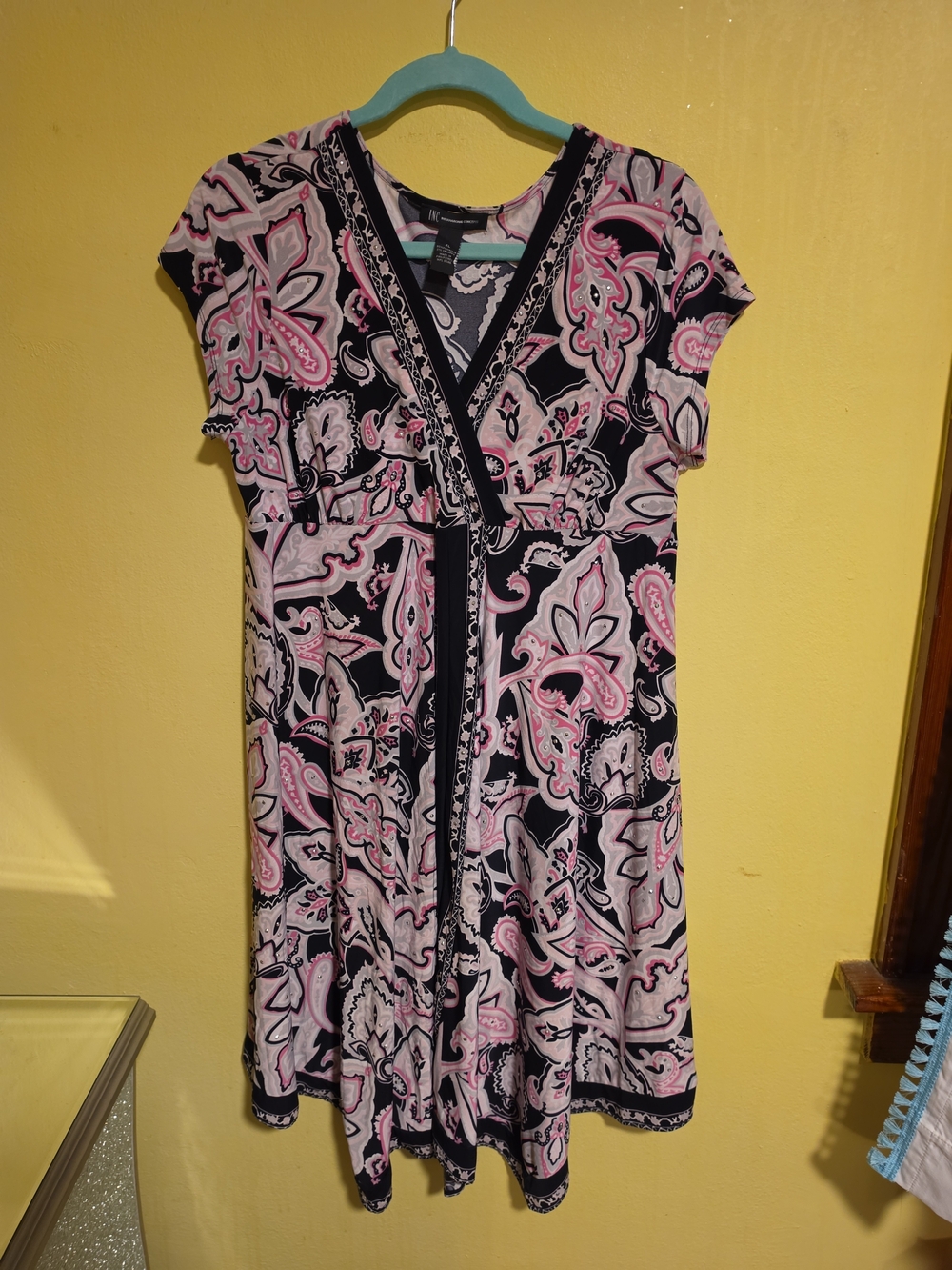 INC International Concepts Womens  XL Midi Dress Pink Black Paisley Print Bling